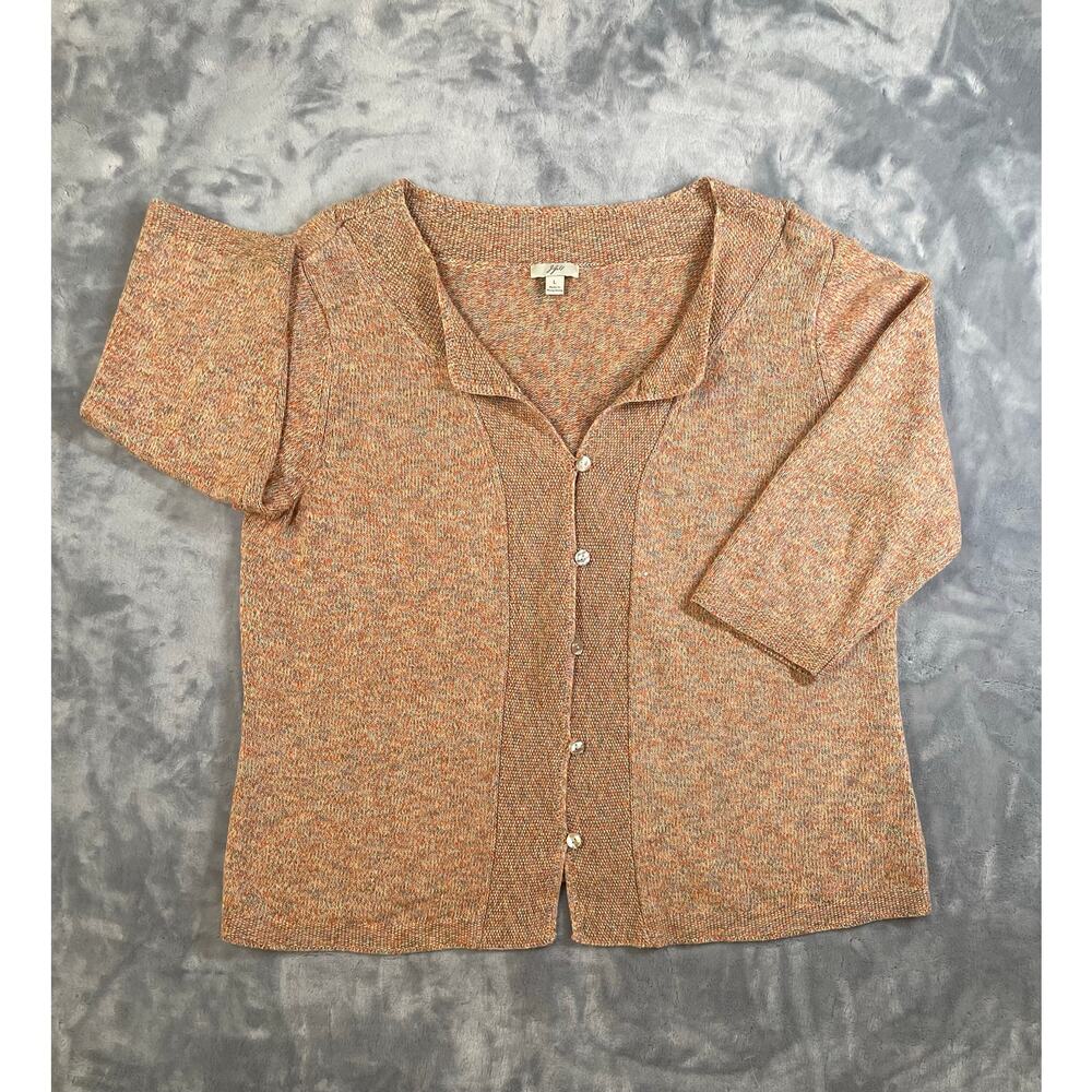 J Jill Peachy Neutral marbled knit button front cardigan‎ 3/4 sleeve layering L